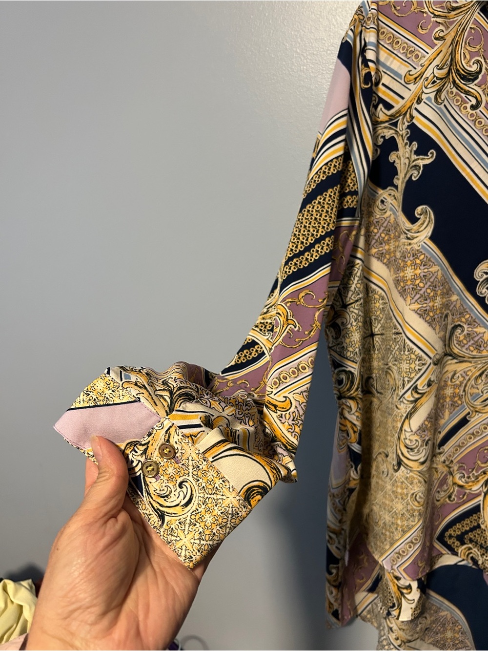 Chico's Baroque Print Long Sleeve Blouse in Mauve, Navy & Gold 4 - Picture 5 of 6